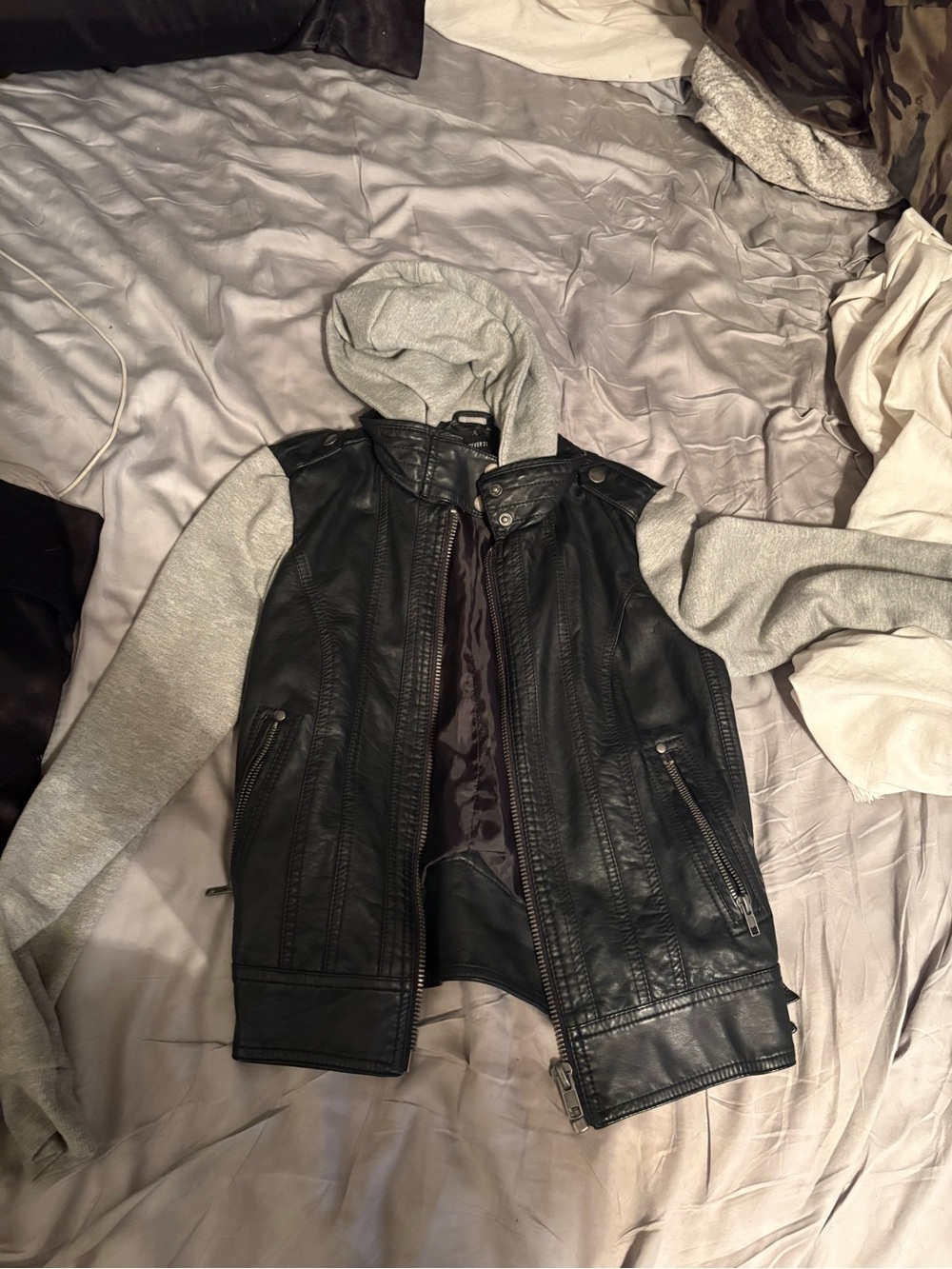 Faux Leather Vest with Grey Hoodie Sleeves - Sleek Layered Look